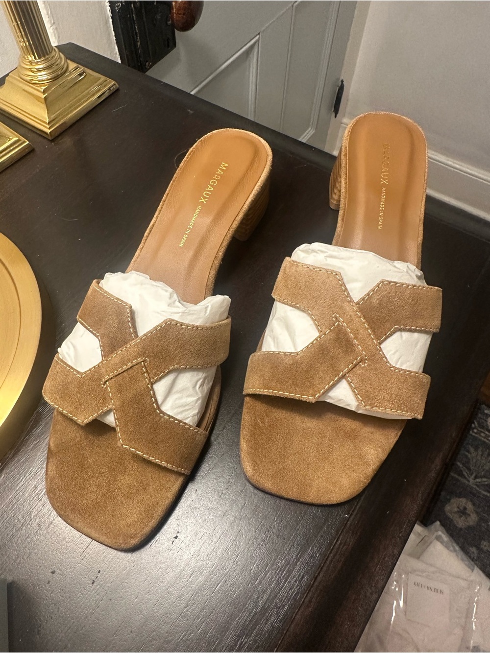 Margaux Tan Suede Crisscross Block Heel Slides